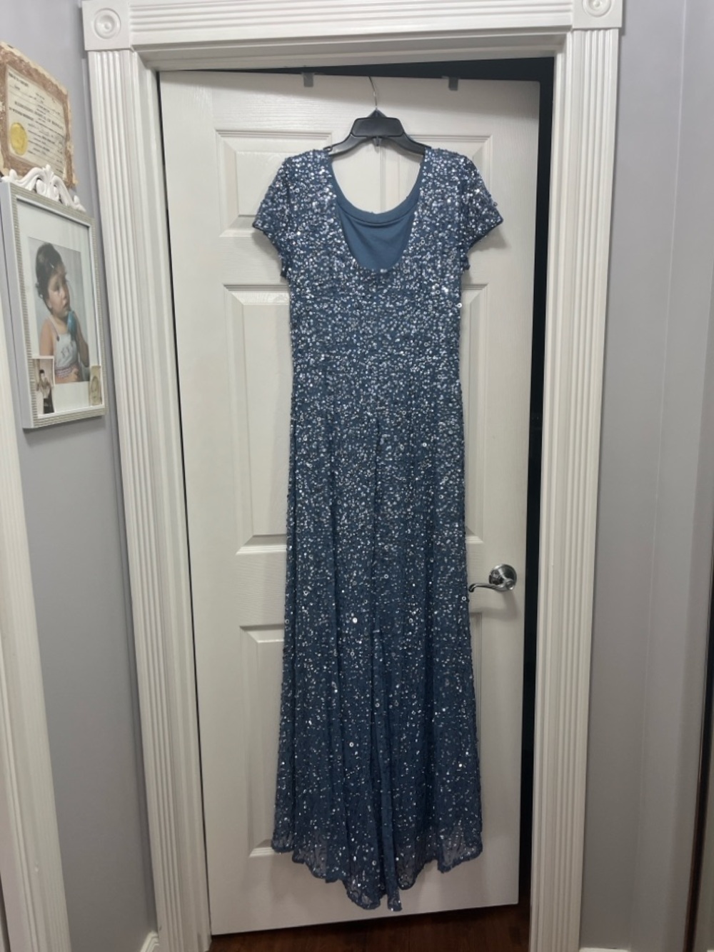 Adrianna Papell Navy Blue Sequin Scoop-Neck A-Line Gown